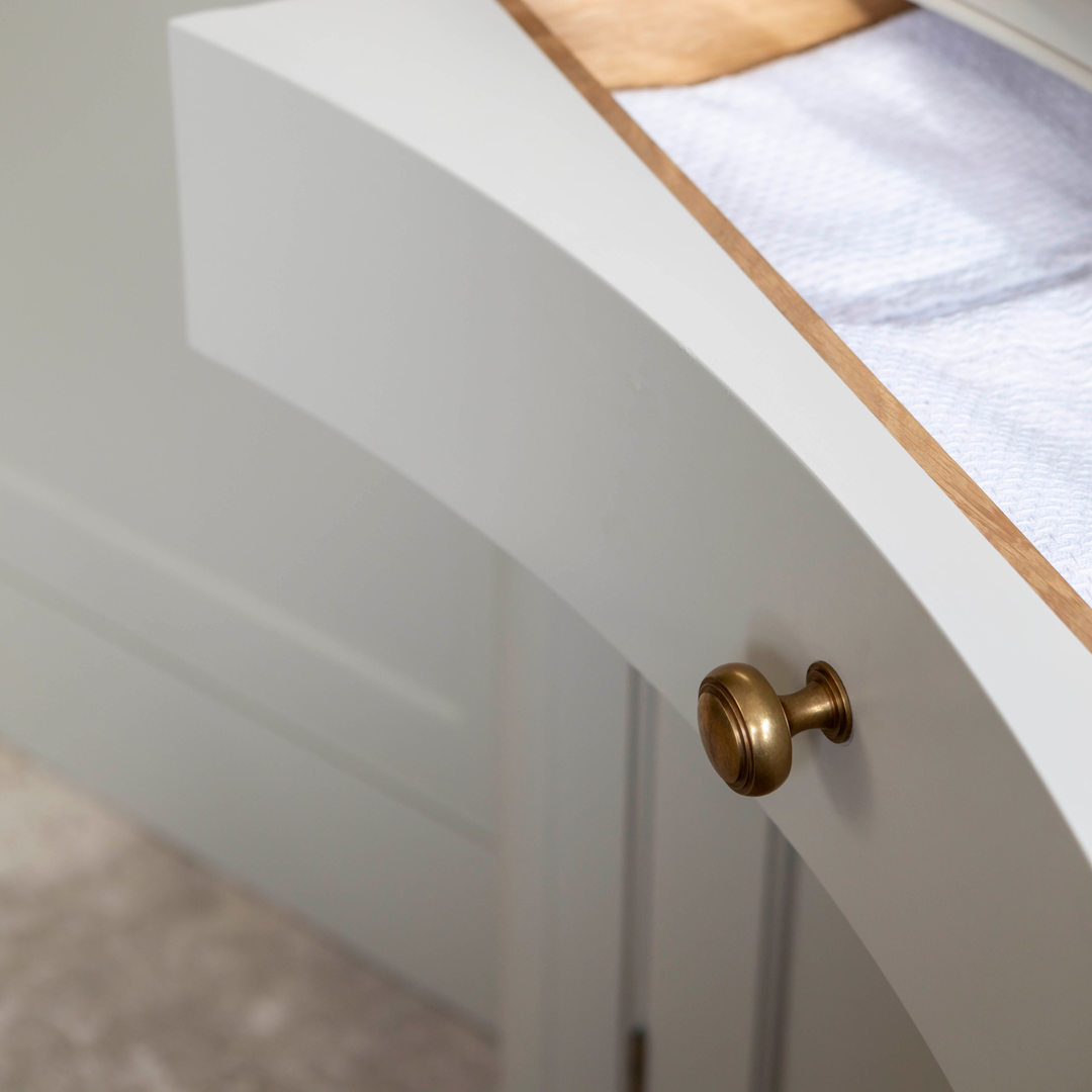 Design is Stella Mannering & Company. Construction by Barr Joinery.Β Product shown in our aged brass (BEL) finish.