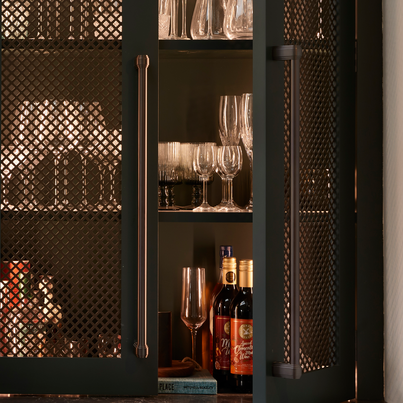 Features our Perforated Diamond Grille in our antique brass unlacquered (ABL) grille finish | Project by Provincial Kitchens Home.