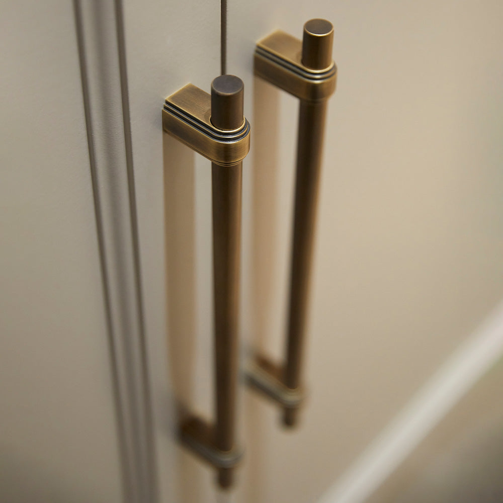 Design by Sophie Paterson Interiors | Gaumont cabinet handle shown in our satin antique satin lacquered (SAS) finish.
