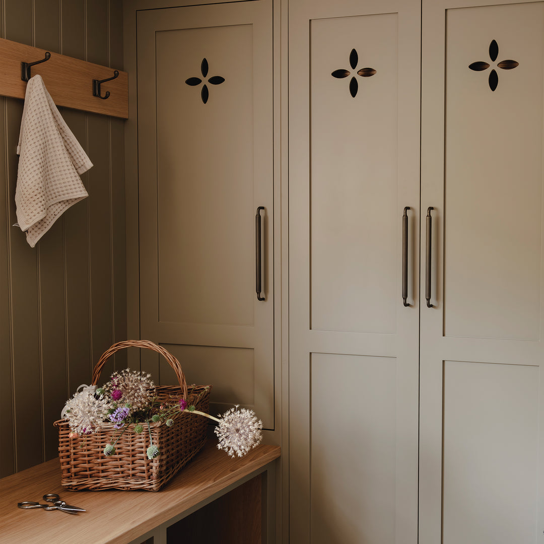 Design by St Giles Furniture | Photography by Joey Kendal Brown | Barwick Slim Ridged Cabinet Handle shown in our satin antique satin lacquered (SAS) finish.